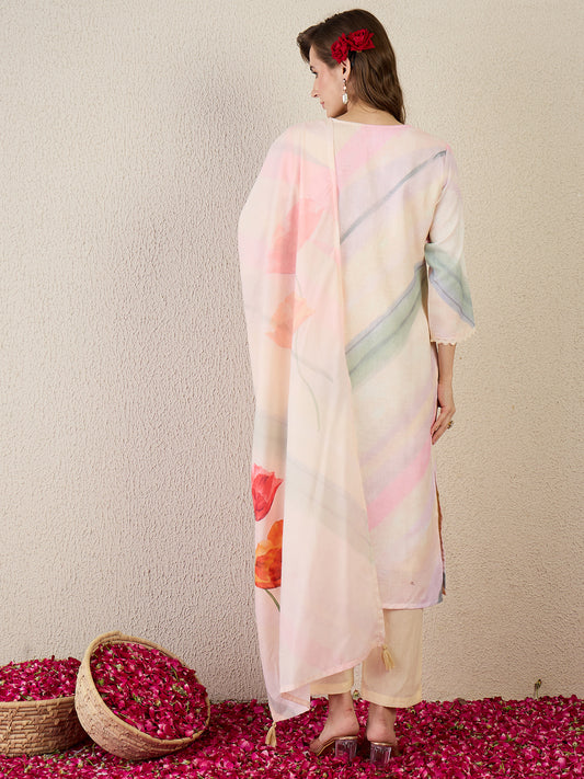 Printed Straight Kurta Trousers With Dupatta Set