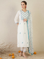 White Embroidered Straight Kurta Trousers With Dupatta Set
