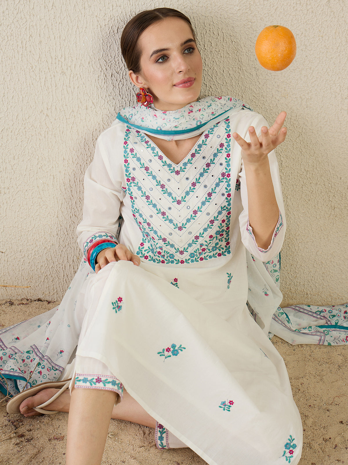 White Embroidered Straight Kurta Trousers With Dupatta Set