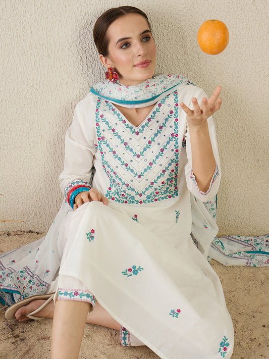 White Embroidered Straight Kurta Trousers With Dupatta Set