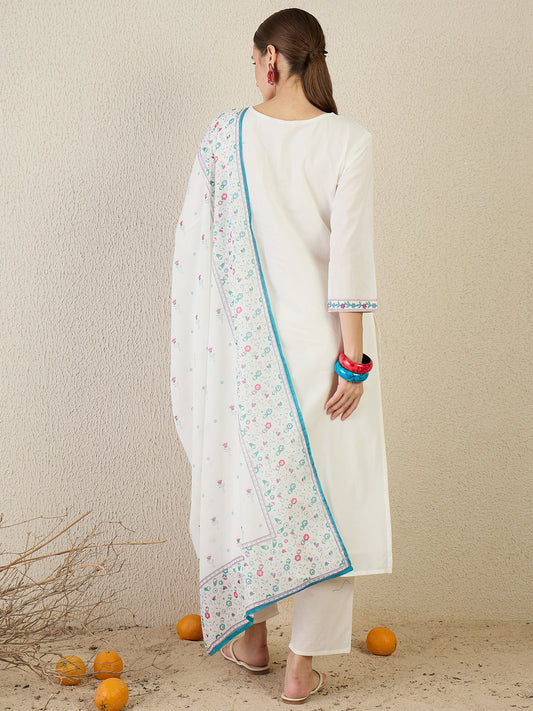 White Embroidered Straight Kurta Trousers With Dupatta Set