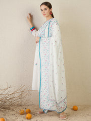 White Embroidered Straight Kurta Trousers With Dupatta Set