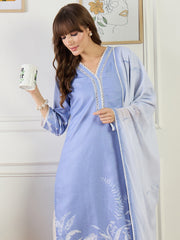 Blue Embroidered Straight Kurta Trousers With Dupatta set