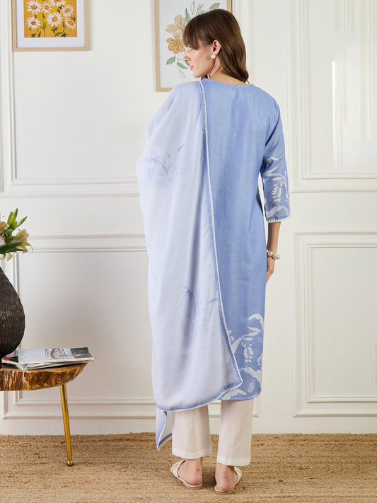 Blue Embroidered Straight Kurta Trousers With Dupatta set