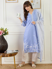 Blue Embroidered Straight Kurta Trousers With Dupatta set