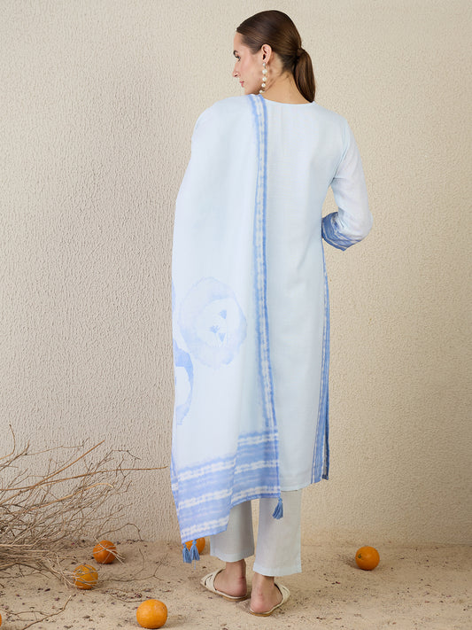 White Embroidered Straight Kurta Trousers With Dupatta set