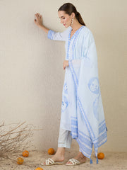 White Embroidered Straight Kurta Trousers With Dupatta set