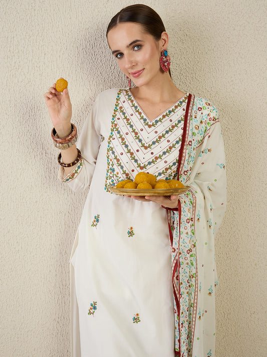 Off White Embroidered Straight Kurta Trousers With Dupatta set