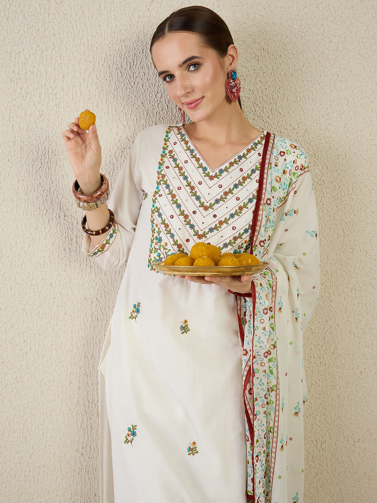 Pink Embroidered Straight Kurta Trousers With Dupatta Set