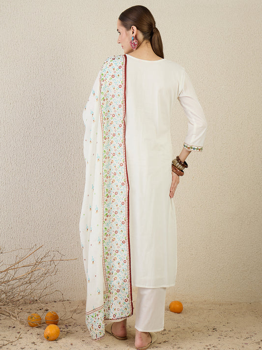 Pink Embroidered Straight Kurta Trousers With Dupatta Set