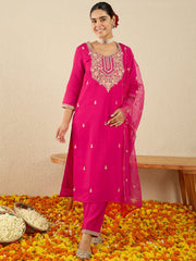 White Embroidered Straight Kurta Trousers With Dupatta Set