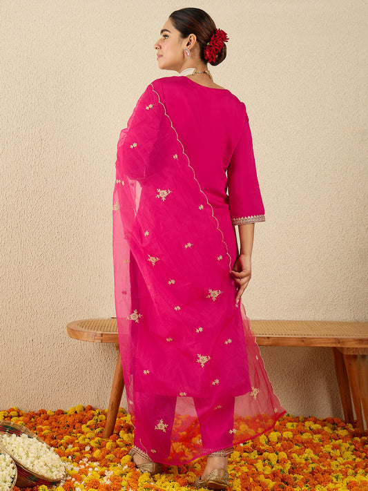 White Embroidered Straight Kurta Trousers With Dupatta Set