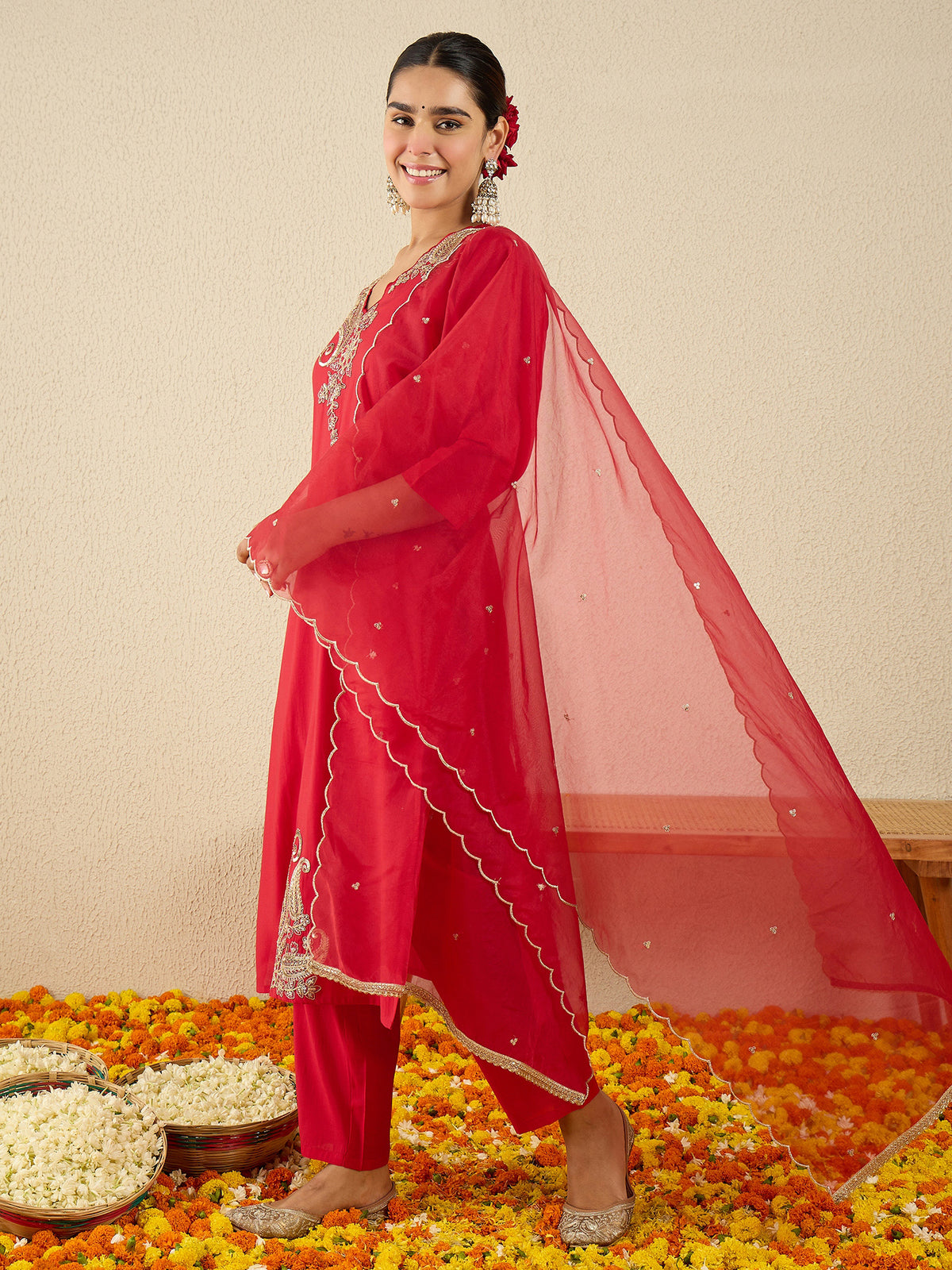 Red Embroidered Straight Kurta Trousers With Dupatta Set-KH1RD11611