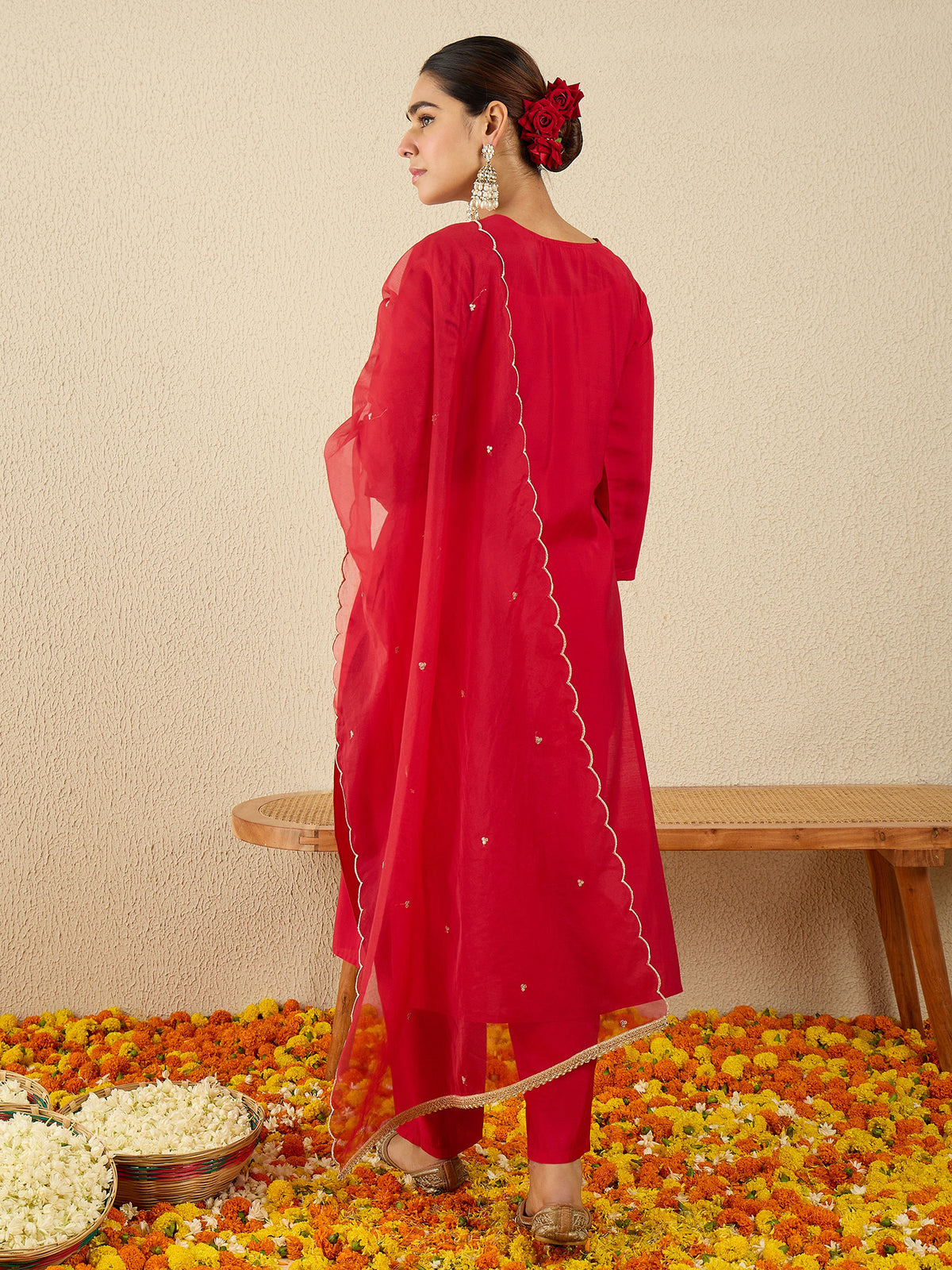 Red Embroidered Straight Kurta Trousers With Dupatta Set-KH1RD11611