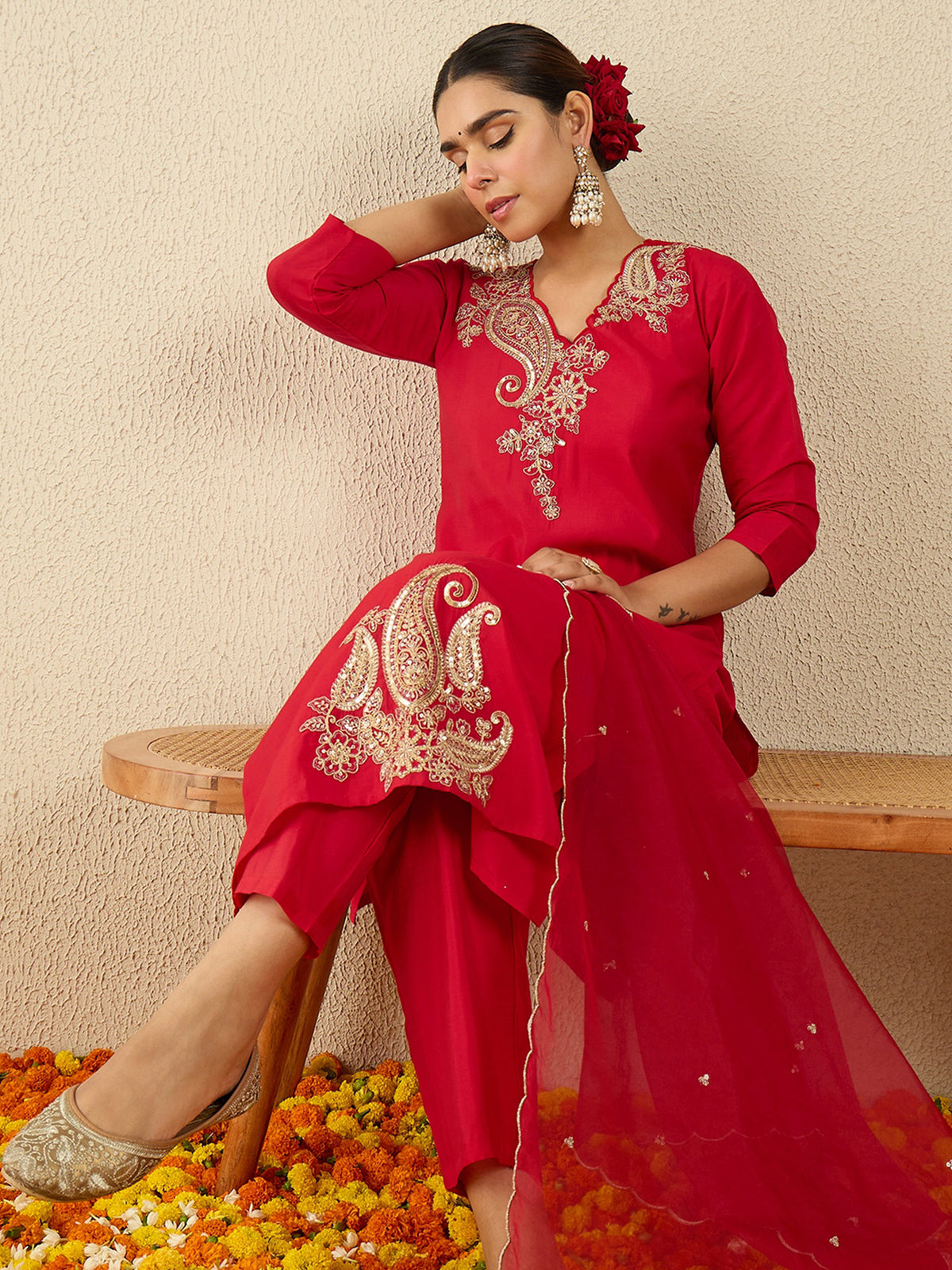 Red Embroidered Straight Kurta Trousers With Dupatta Set-KH1RD11611