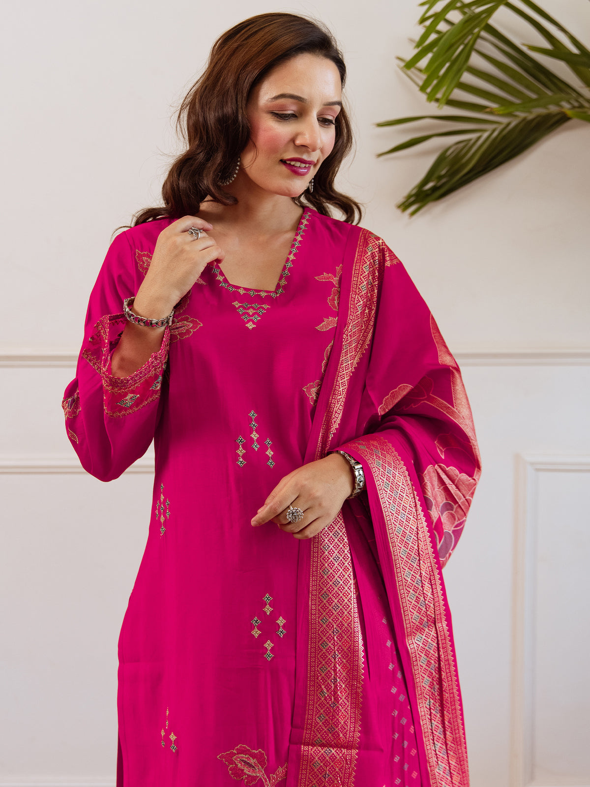 Pink Embroidered Straight Kurta Palazzos With Dupatta set-KH9RP12059