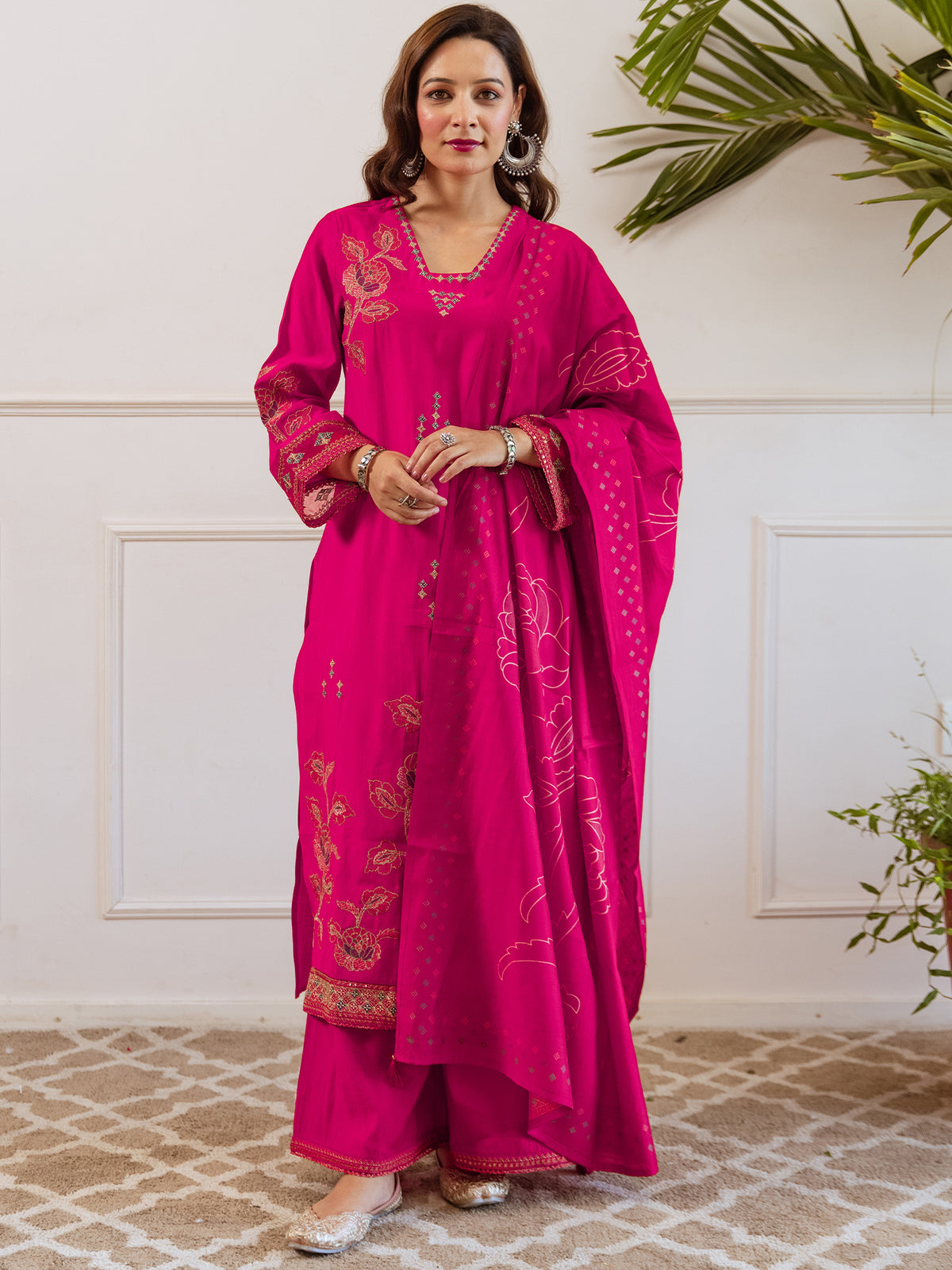 Pink Embroidered Straight Kurta Palazzos With Dupatta set-KH9RP12059