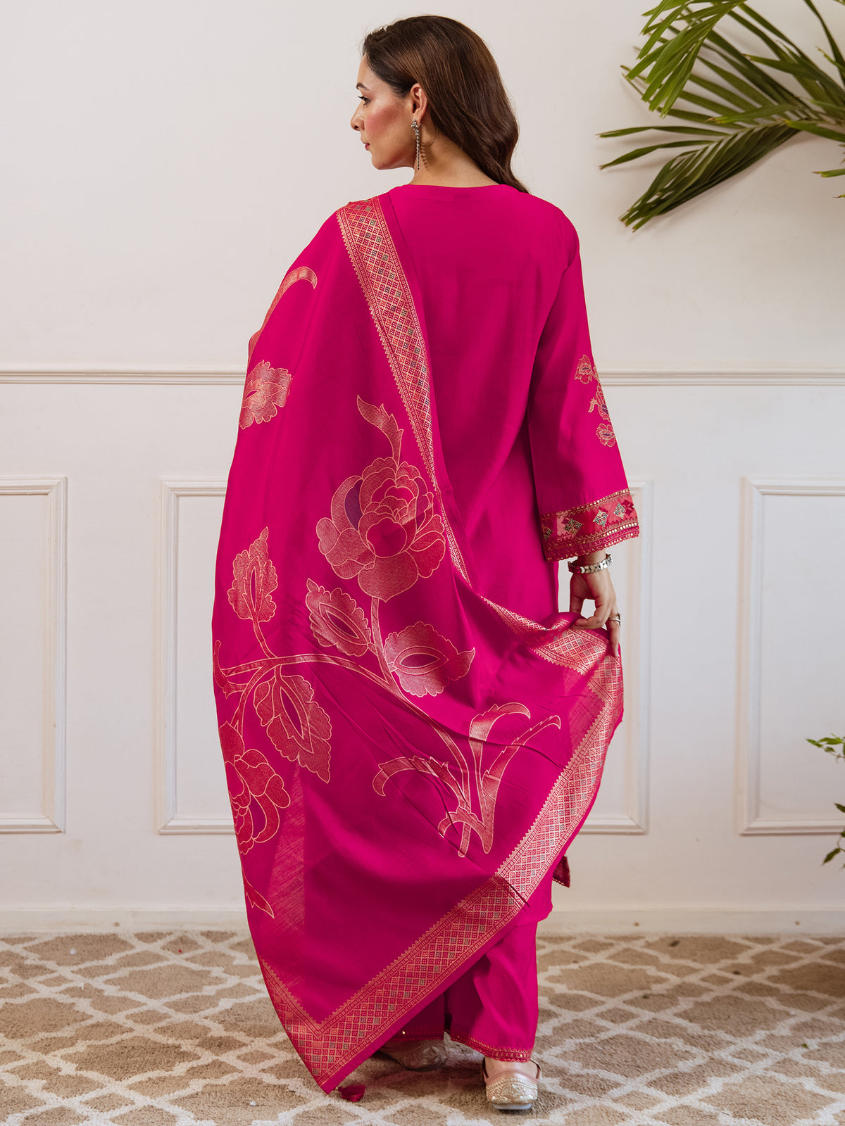 Pink Embroidered Straight Kurta Palazzos With Dupatta set-KH9RP12059