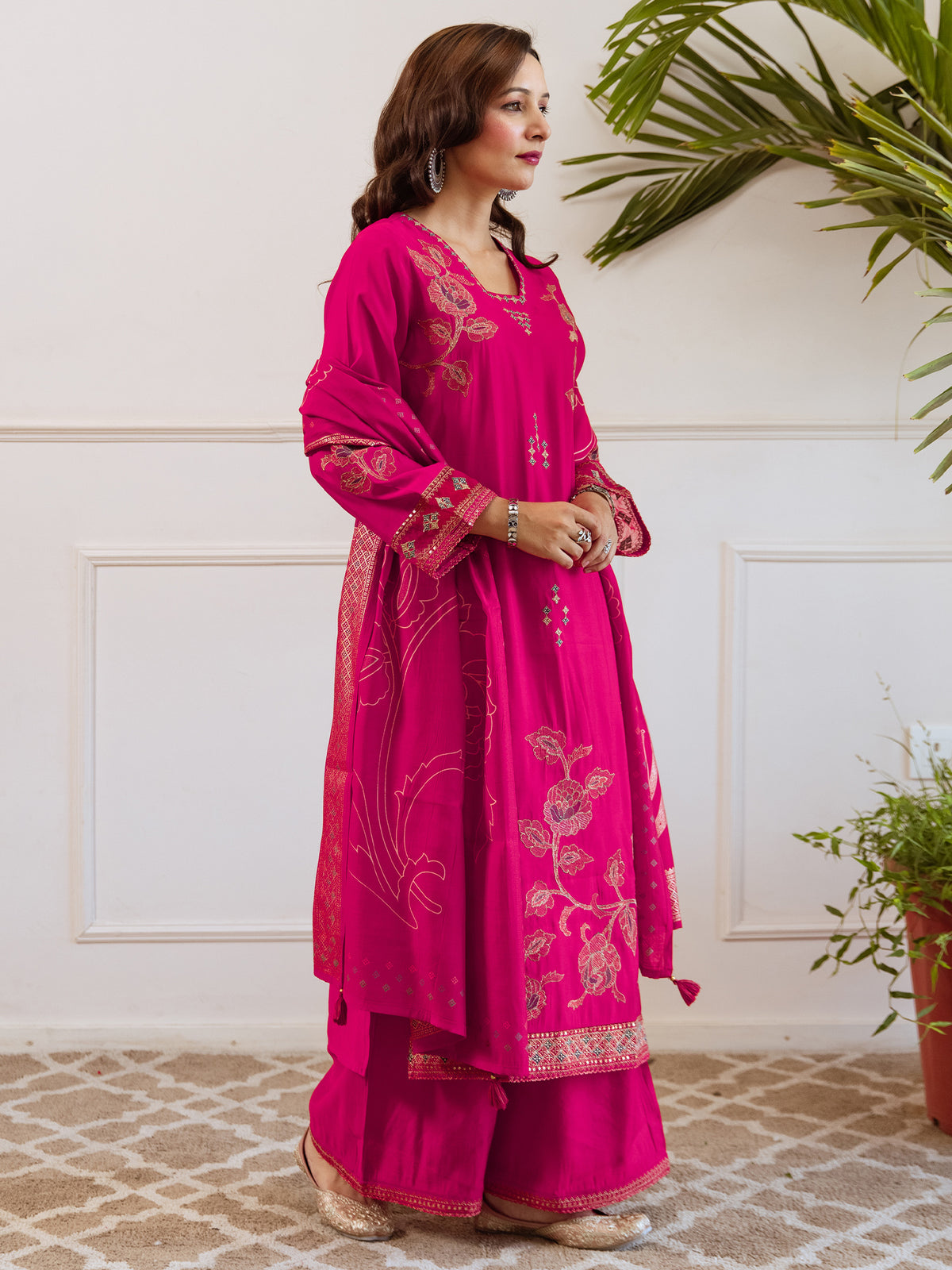 Pink Embroidered Straight Kurta Palazzos With Dupatta set-KH9RP12059