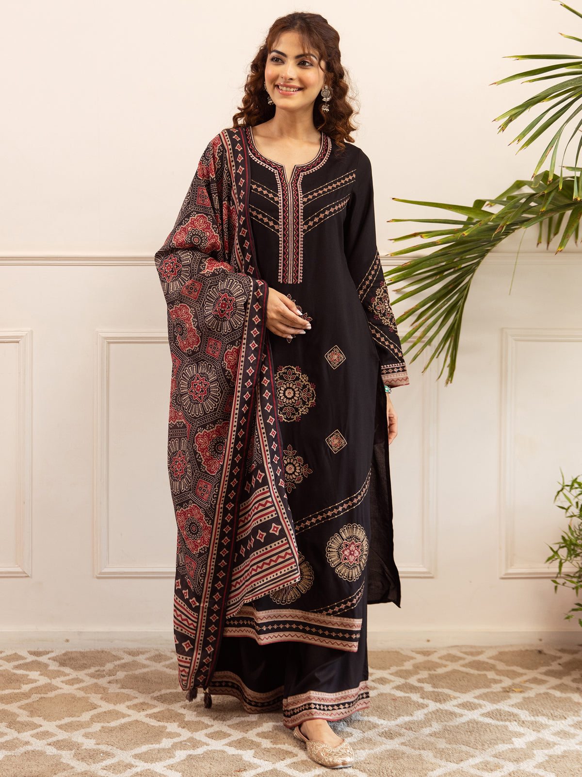 Black Embroidered Straight Kurta Palazzos With Dupatta set-KH5BK12063