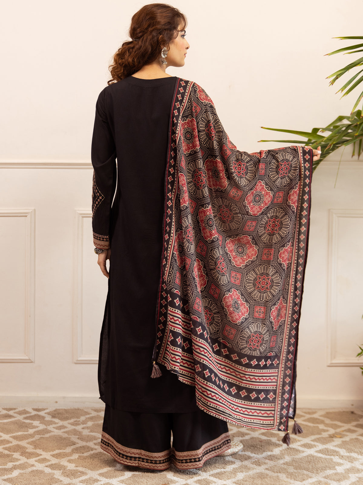 Black Embroidered Straight Kurta Palazzos With Dupatta set-KH5BK12063