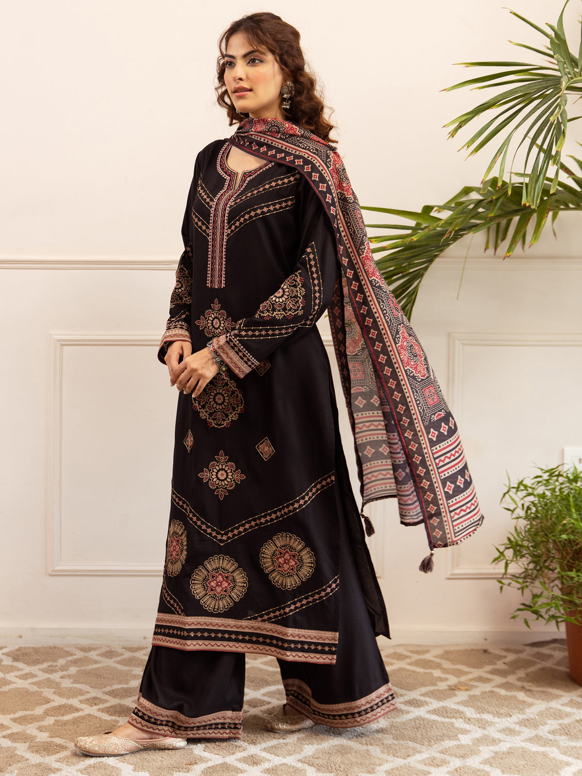 Black Embroidered Straight Kurta Palazzos With Dupatta set-KH5BK12063