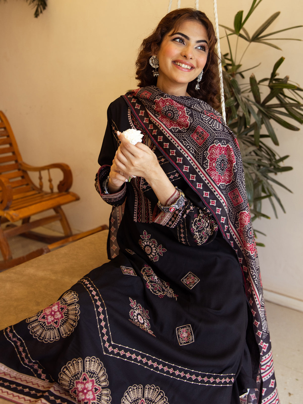 Black Embroidered Straight Kurta Palazzos With Dupatta set-KH5BK12063