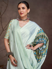 Women's Satin Sea Green Digital Print Designer Saree With Blouse Piece