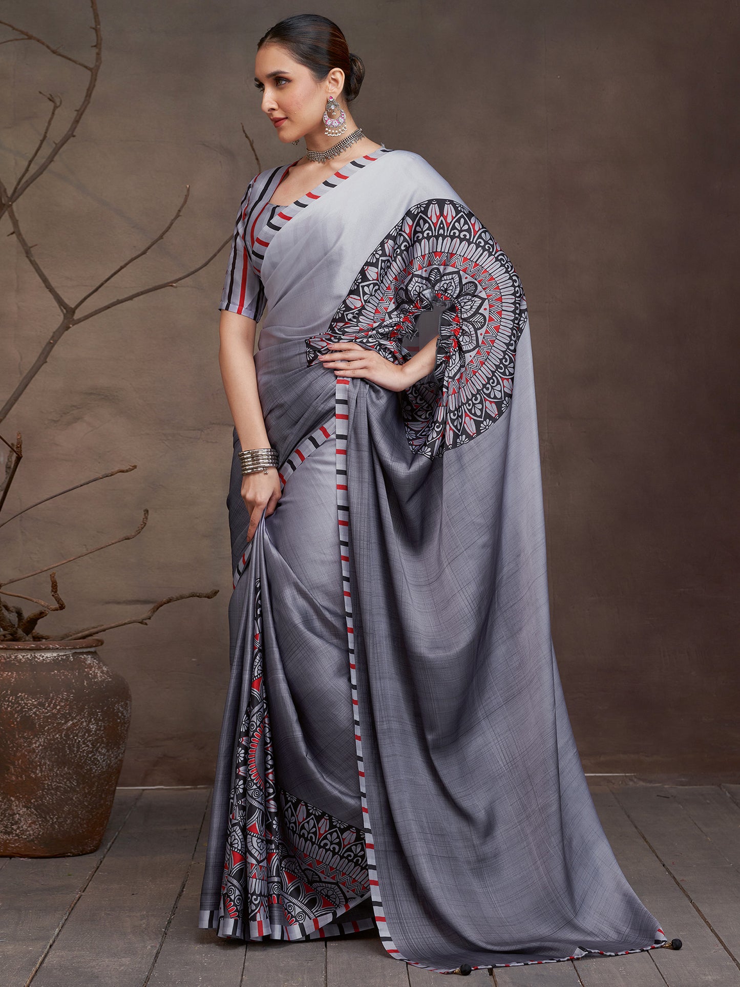 Women's Satin Charcoal Grey Digital Print Designer Saree With Blouse Piece
