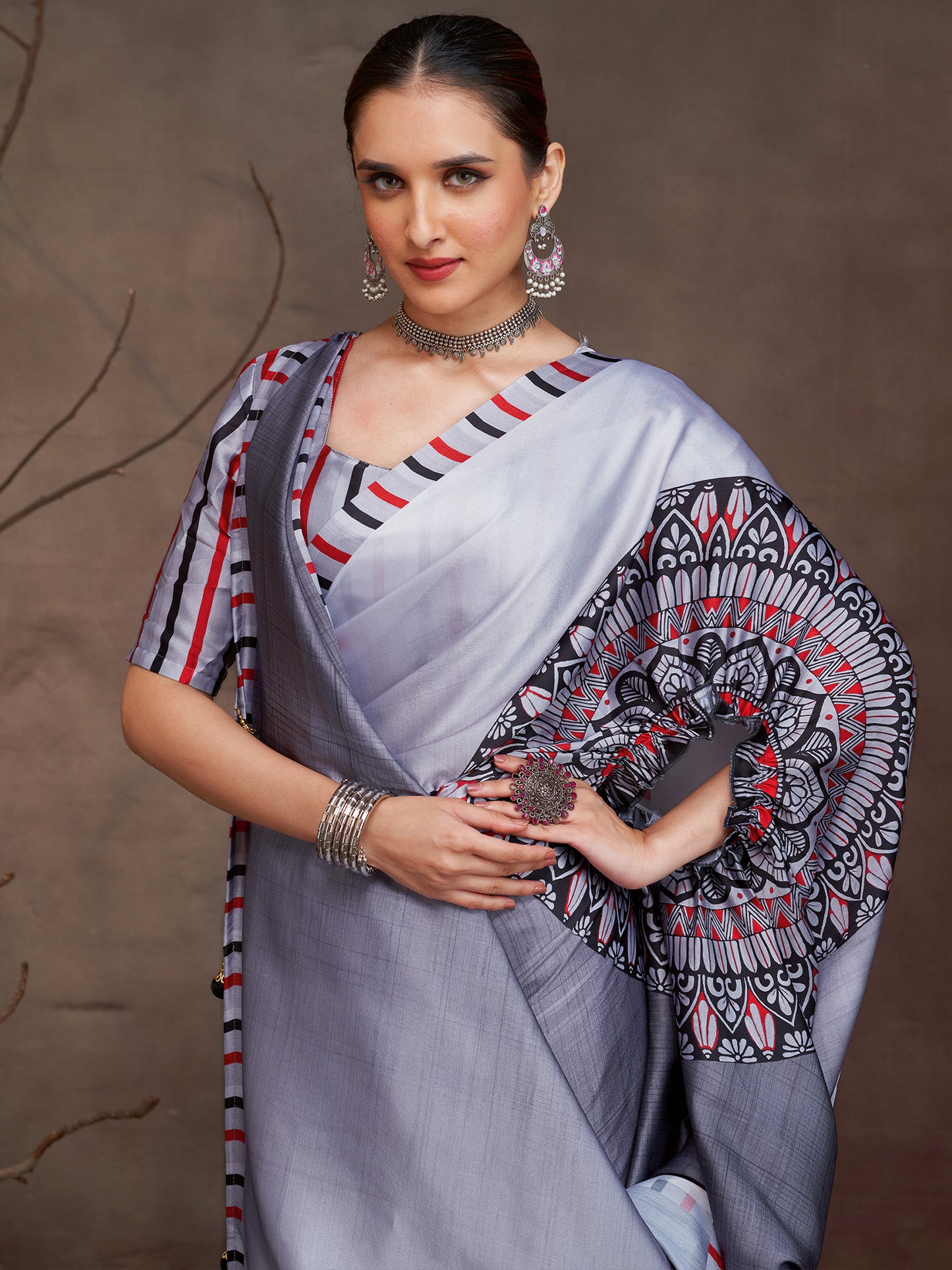 Women's Satin Charcoal Grey Digital Print Designer Saree With Blouse Piece