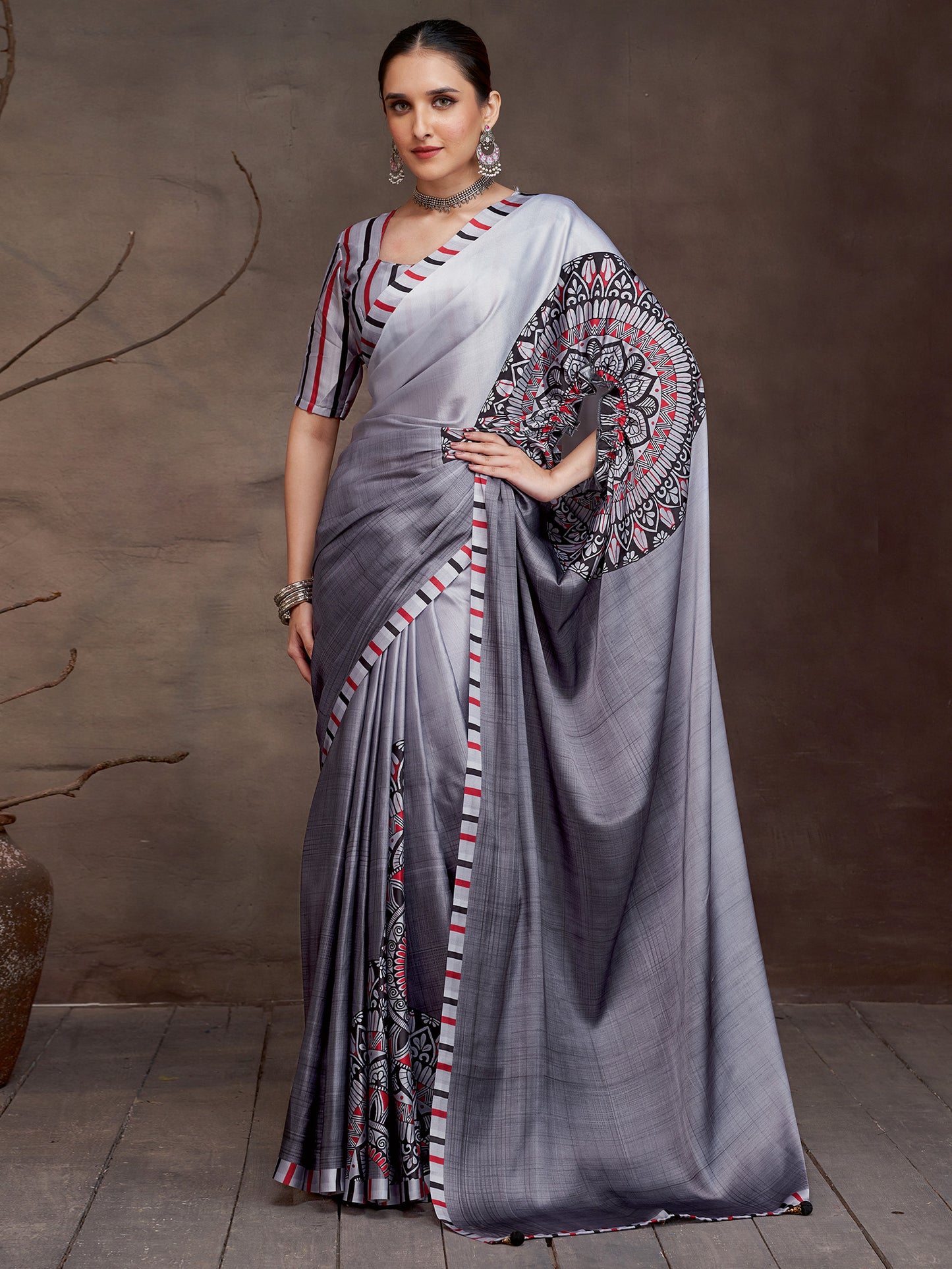 Women's Satin Charcoal Grey Digital Print Designer Saree With Blouse Piece