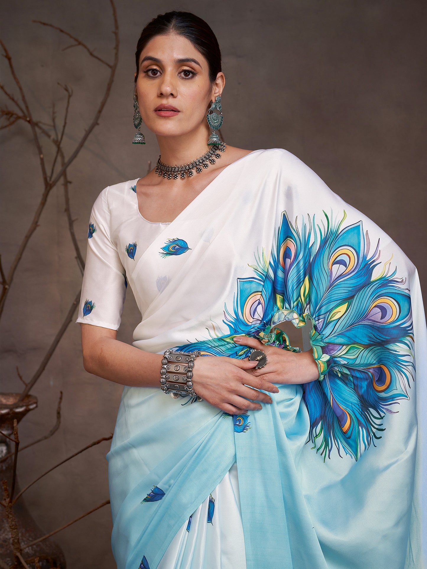 Women's Satin Light Blue Digital Print Designer Saree With Blouse Piece