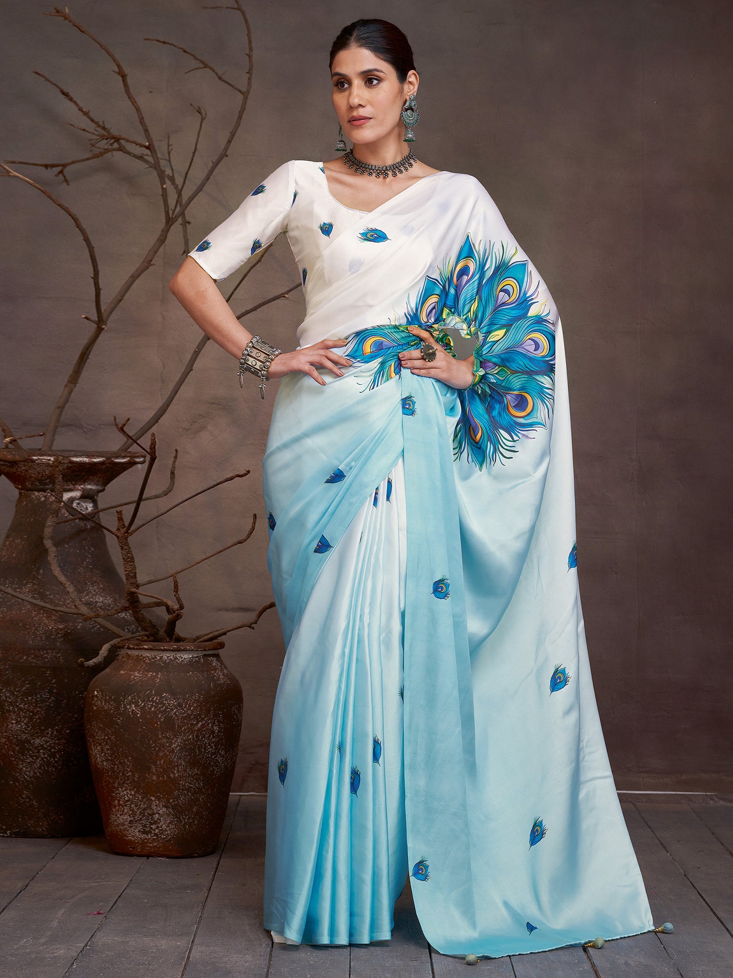 Women's Satin Light Blue Digital Print Designer Saree With Blouse Piece