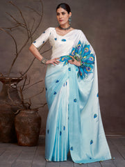 Women's Satin Light Blue Digital Print Designer Saree With Blouse Piece