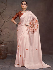 Women's Satin Cream Digital Print Designer Saree With Blouse Piece