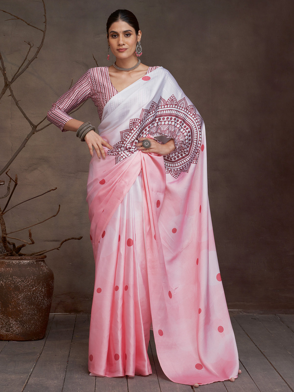 Women's Satin Rust Digital Print Designer Saree With Blouse Piece