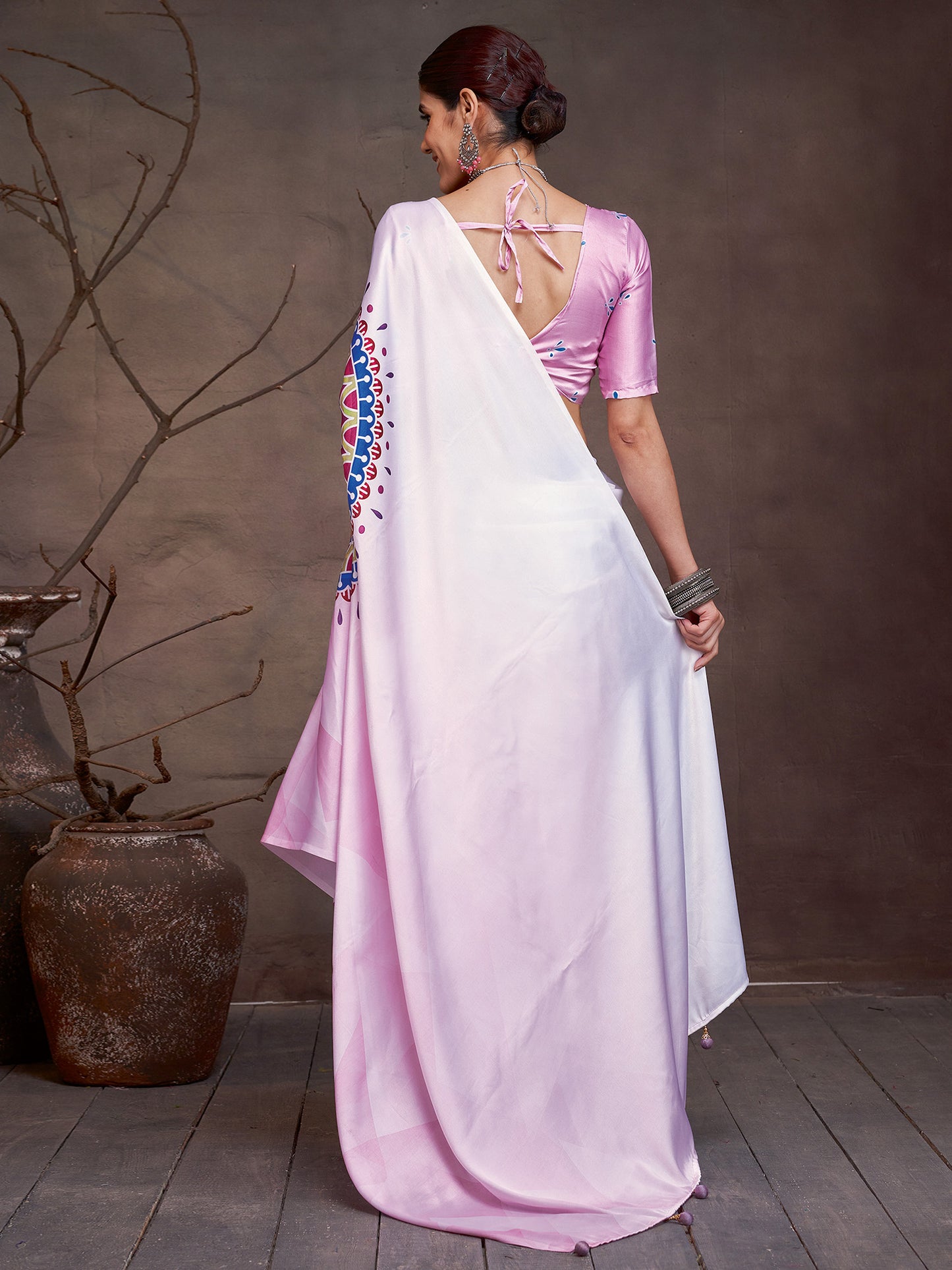 Women's Satin Pink Digital Print Designer Saree With Blouse Piece