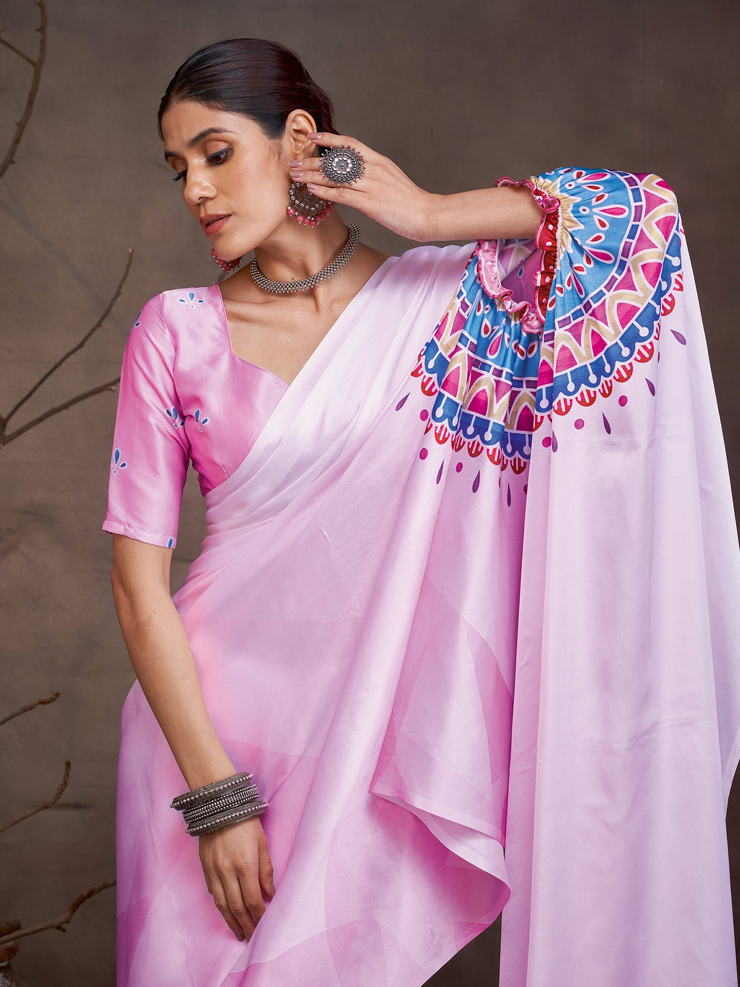 Women's Satin Pink Digital Print Designer Saree With Blouse Piece