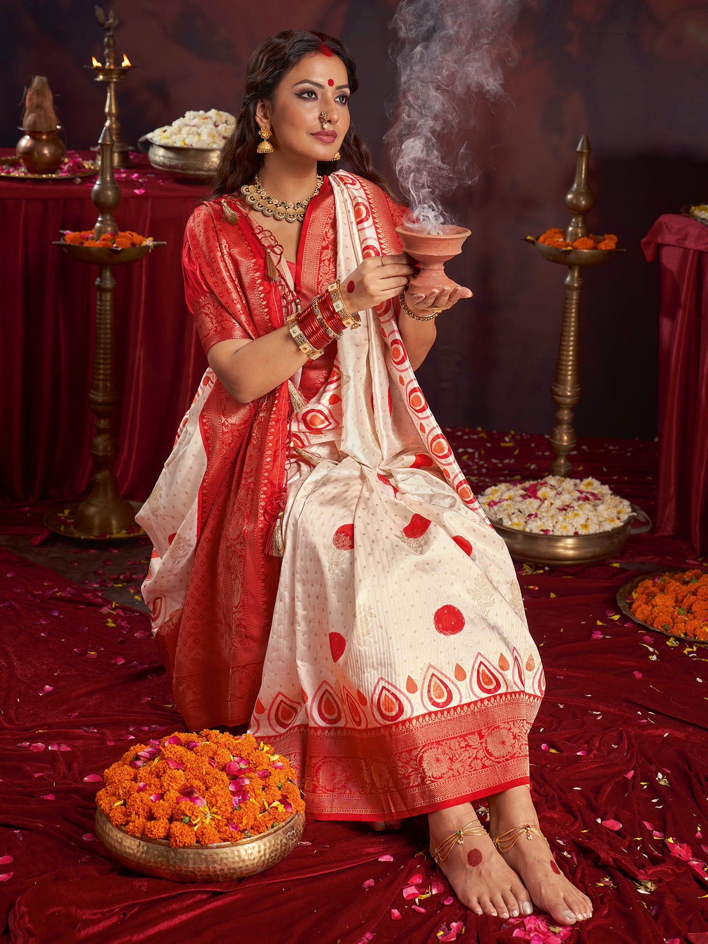 Women's Satin Silk Off White Woven Design Designer Saree With Blouse Piece