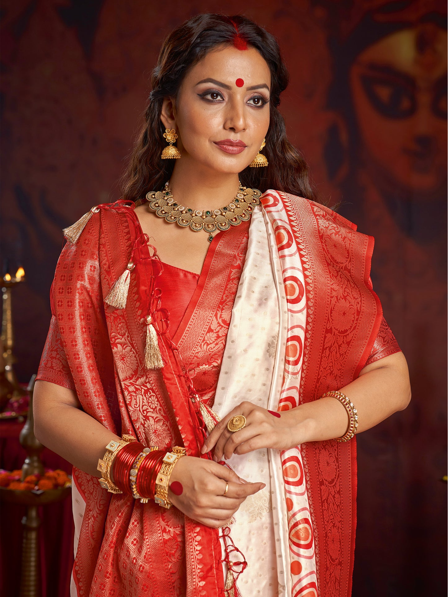Women's Satin Silk Off White Woven Design Designer Saree With Blouse Piece