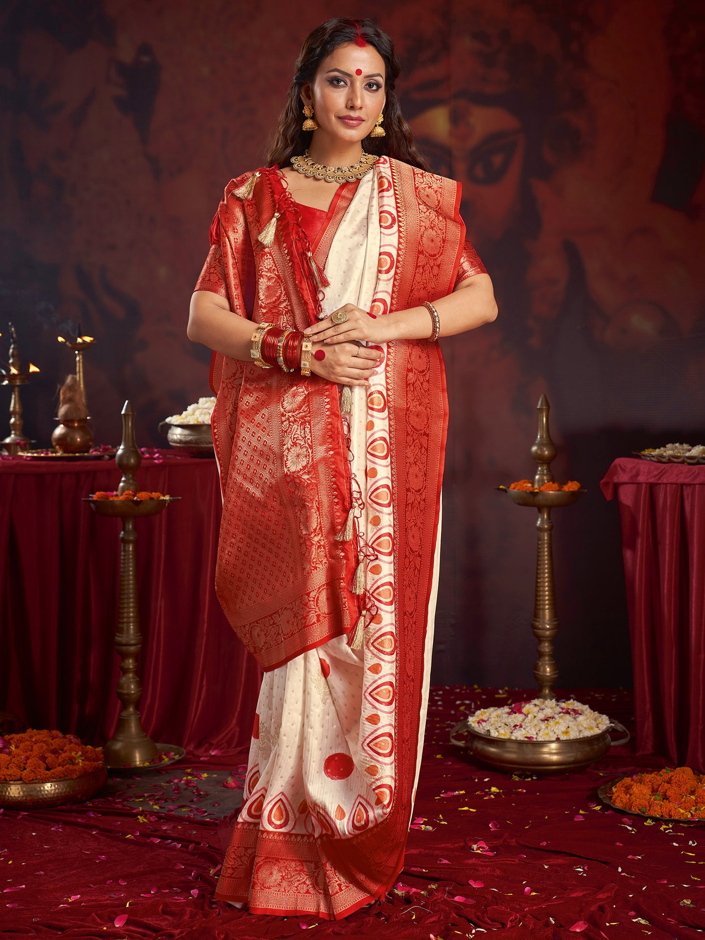 Women's Satin Silk Off White Woven Design Designer Saree With Blouse Piece