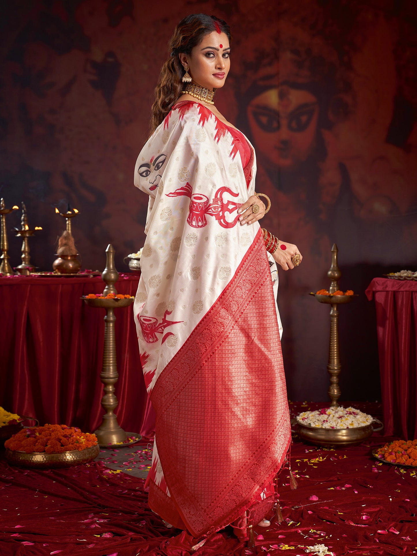 Women's Satin Silk Off White Woven Design Designer Saree With Blouse Piece