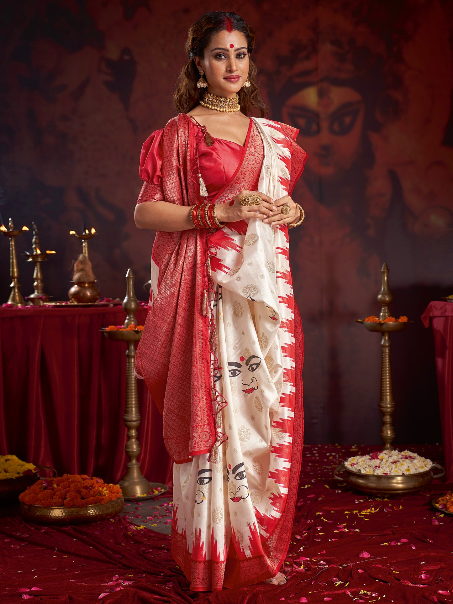 Women's Satin Silk Off White Woven Design Designer Saree With Blouse Piece
