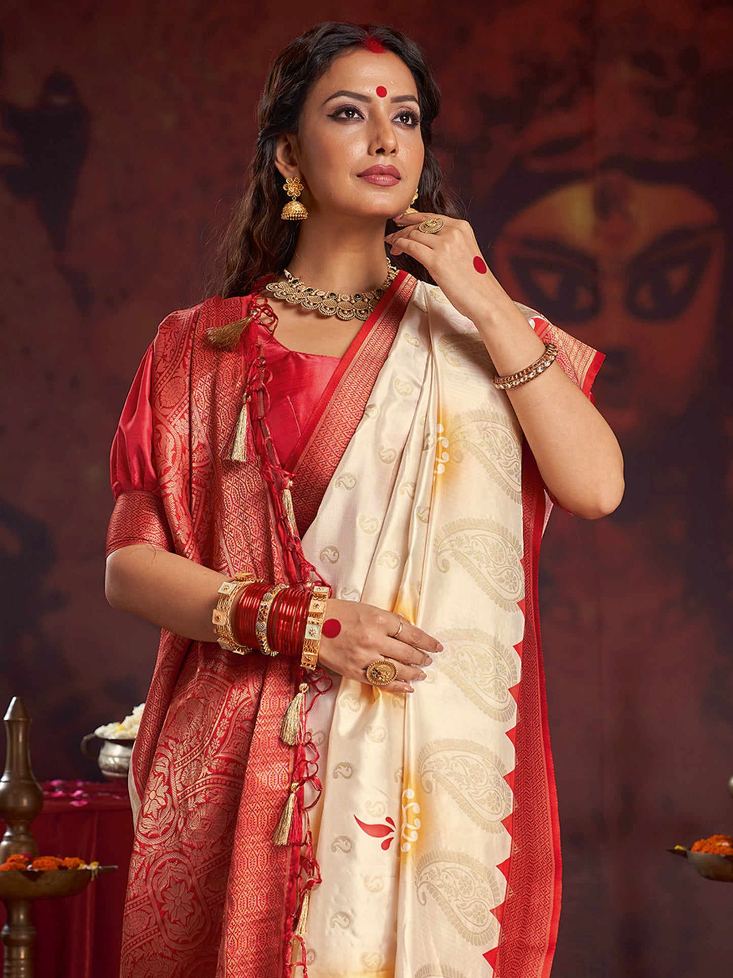 Women's Satin Silk Off White Woven Design Designer Saree With Blouse Piece