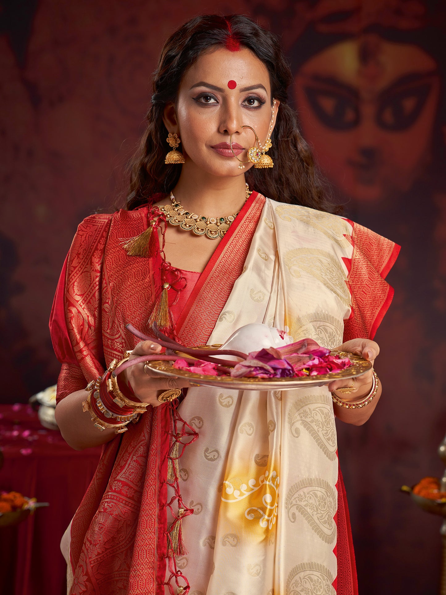 Women's Satin Silk Off White Woven Design Designer Saree With Blouse Piece