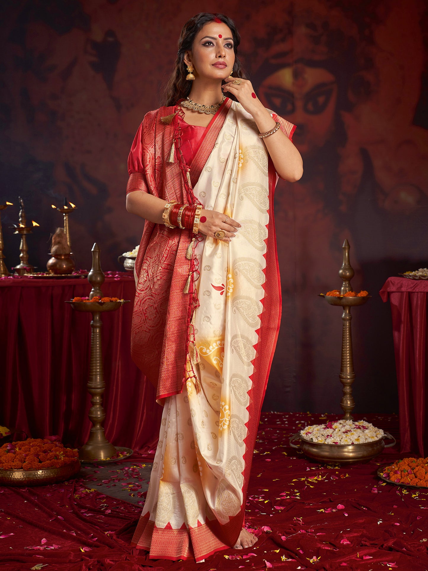 Women's Satin Silk Off White Woven Design Designer Saree With Blouse Piece