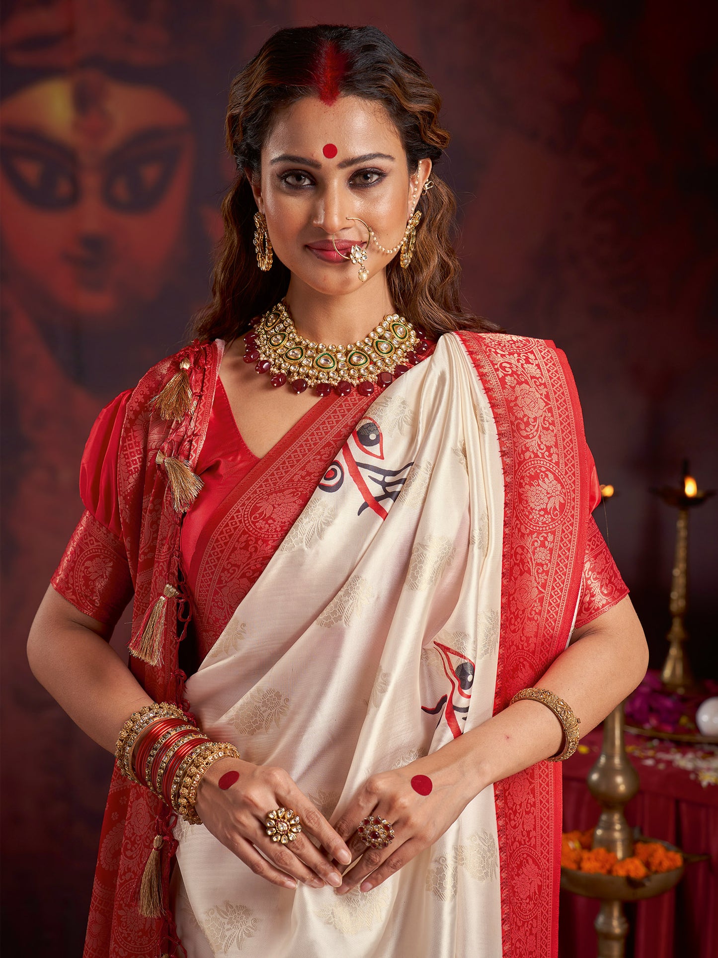 Women's Satin Silk Off White Woven Design Designer Saree With Blouse Piece