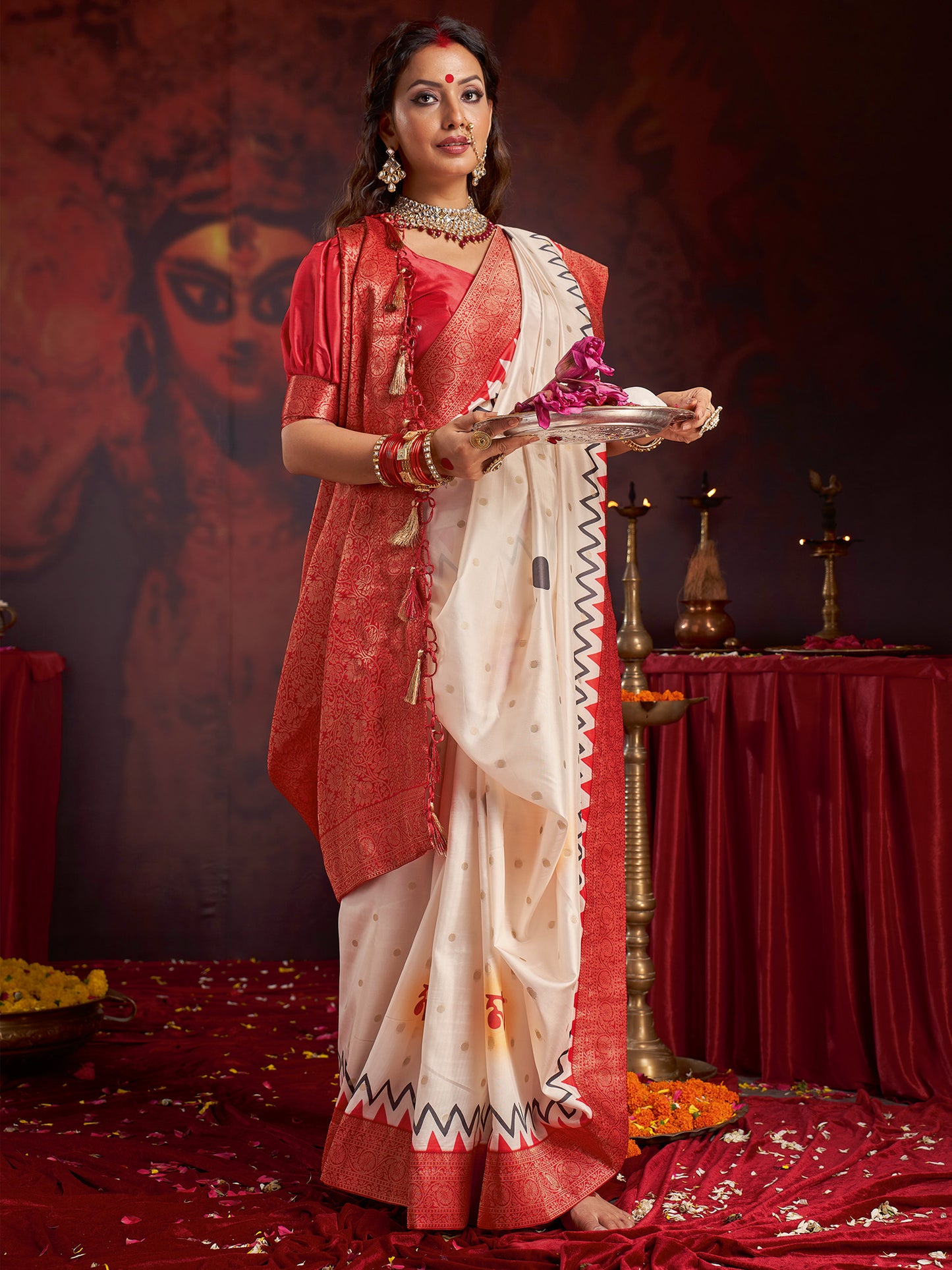 Women's Satin Silk Off White Woven Design Designer Saree With Blouse Piece
