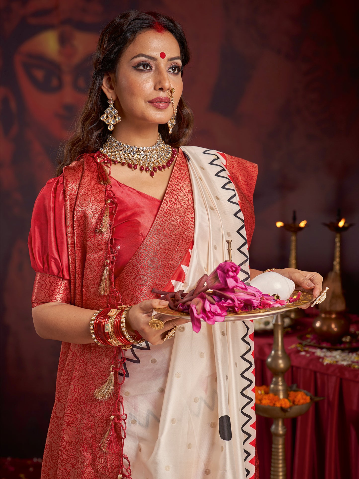 Women's Satin Silk Off White Woven Design Designer Saree With Blouse Piece