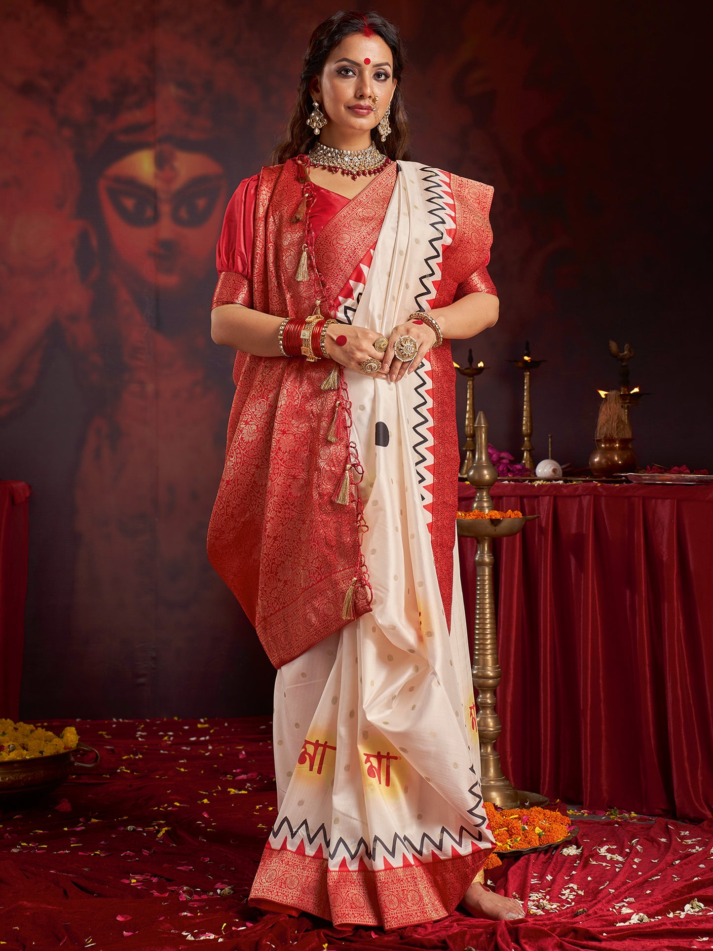 Women's Satin Silk Off White Woven Design Designer Saree With Blouse Piece